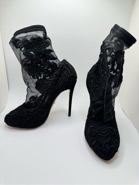 Dolce & Gabbana Black Floral Embroidered Tulle Sock Booties
